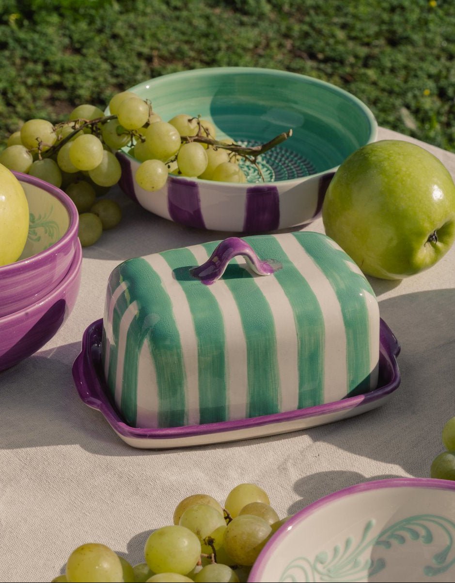 Botervloot Esmeralda handgedecoreerd | Groen / Paars / Wit