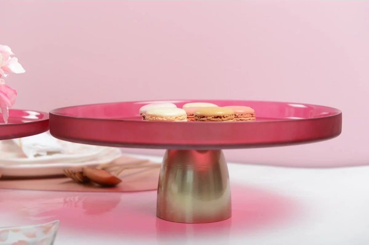 Aulica taartenstandaard taartplateau frambozen roze met gouden voet 28 cm