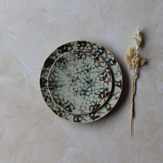 Dinerbord 26 cm en ontbijtbord 20 cm met reactief glazuur in groen beige tinten
