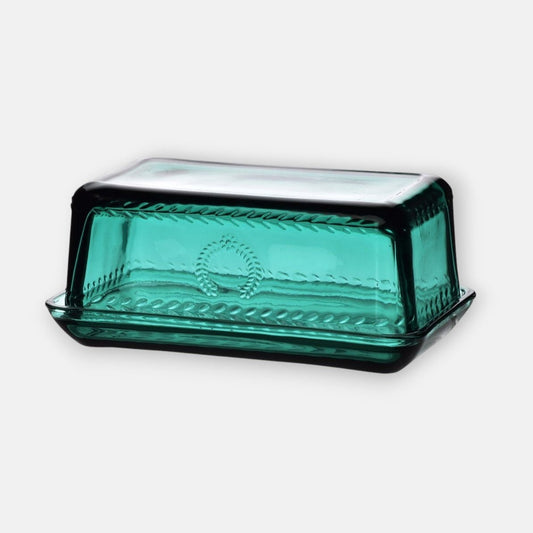 Glazen botervloot met elegant reliëf design in een transparante groene donker turquoise kleur