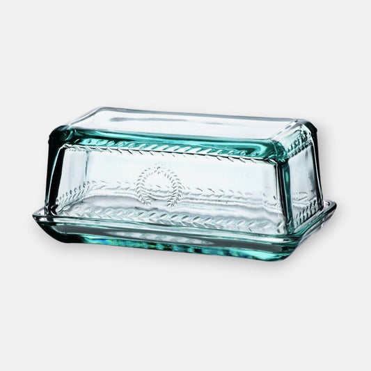 Glazen botervloot met elegant reliëf design in een transparante lichte turquoise kleur