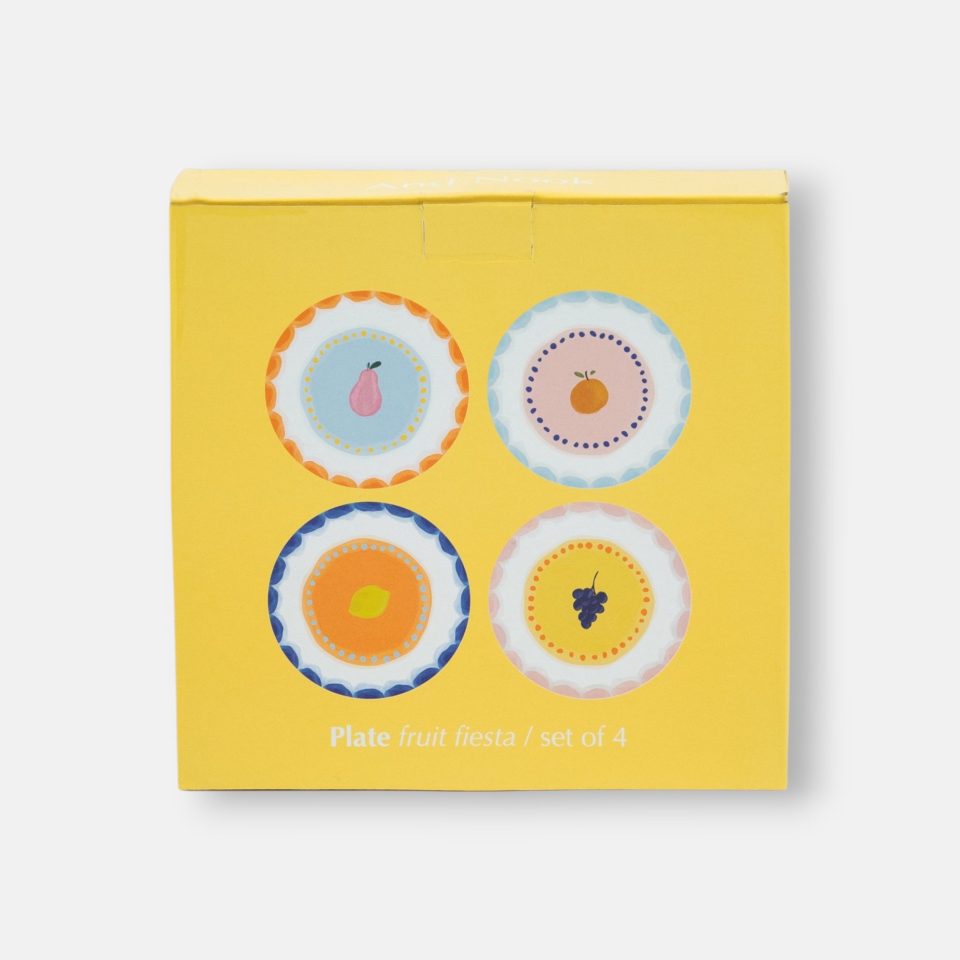 And Nook Fruit Fiesta bordenset 4 delig met vrolijk gekleurde fruit opdruk verpakking