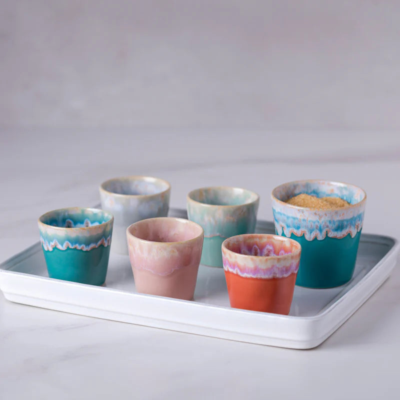 Set van Costa Nova Grespresso koffiekopjes en espressokopjes van keramiek, 210 ml, taps toelopend design met reactief glazuur op de rand, kleuren turquoise, rood, roze en azur