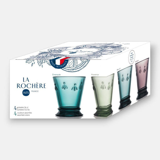 La rochere abeille drinkglazen tumblers gekleurd, blauw, geelgroen, groen, en paars, 26 cl 4 delige set met bijen reliëf, doos van 4 stuks