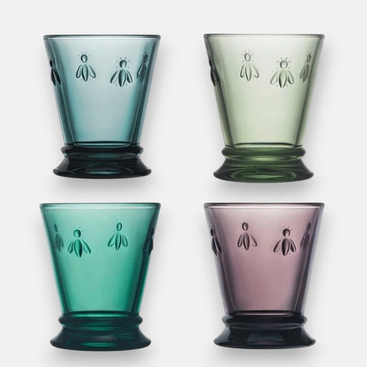 La rochere abeille drinkglazen tumblers gekleurd, blauw, geelgroen, groen, en paars, 26 cl 4 delige set met bijen reliëf