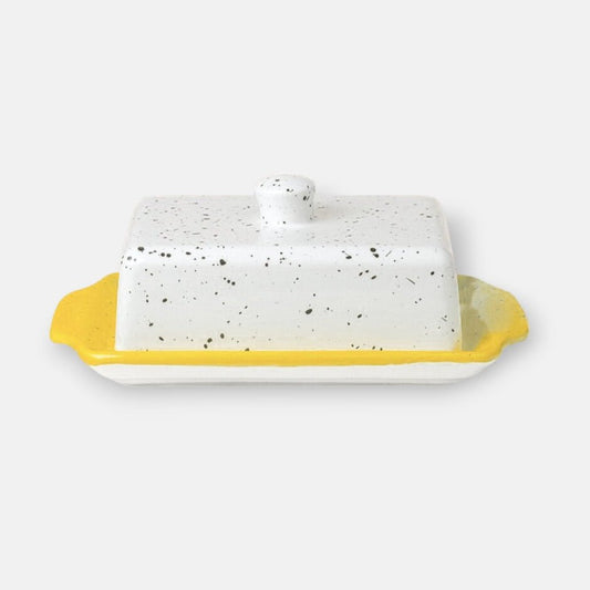 Tierra Cocida botervloot keramiek, canella, geel met wit en bruine kleine glazuurspetters