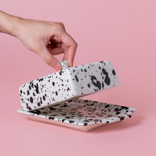 Tierra Cocida botervloot keramiek, galaxy, wit met zwarte glazuurspetters