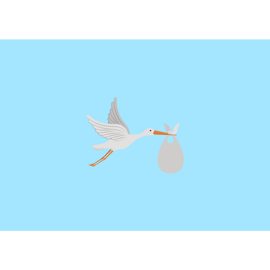 Wenskaart a6 formaat met blauwe achtergrond en witte ooievaar die een baby komt brengen