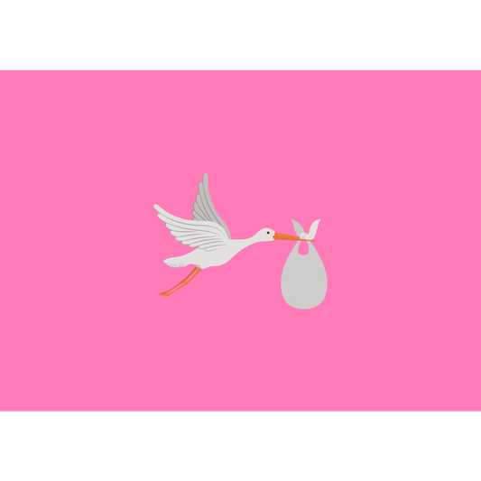 Wenskaart a6 formaat met roze achtergrond en witte ooievaar die een baby komt brengen