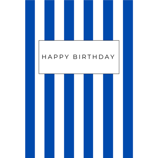 Wenskaart a6 formaat met blauwe strepen en de wens 'Happy birthday' in wit kader
