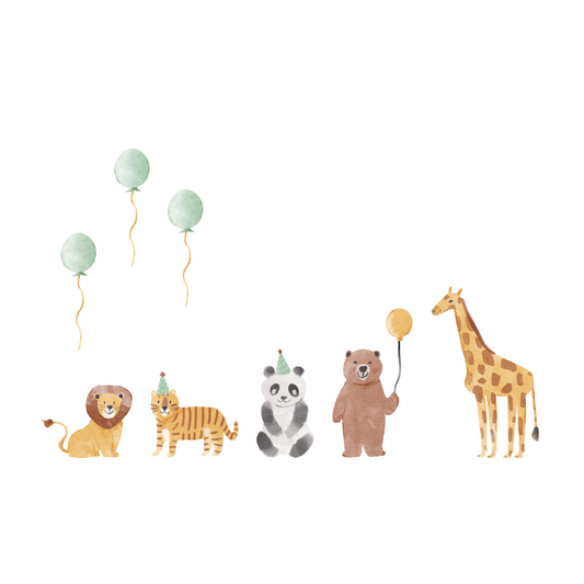 verjaardagskaart kind met leeuw, tijger, panda, beer en giraffe en ballonnen