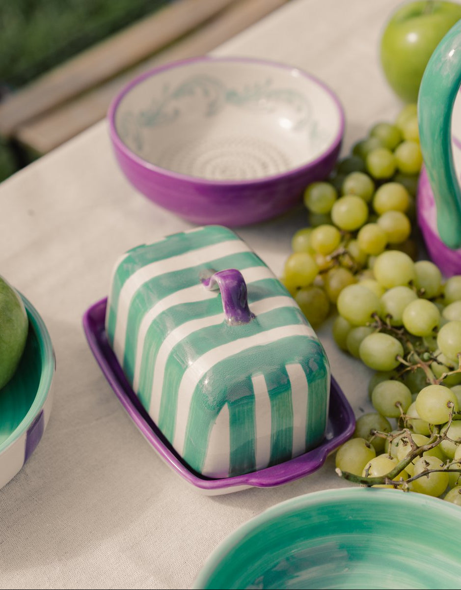 Botervloot Esmeralda handgedecoreerd | Groen / Paars / Wit