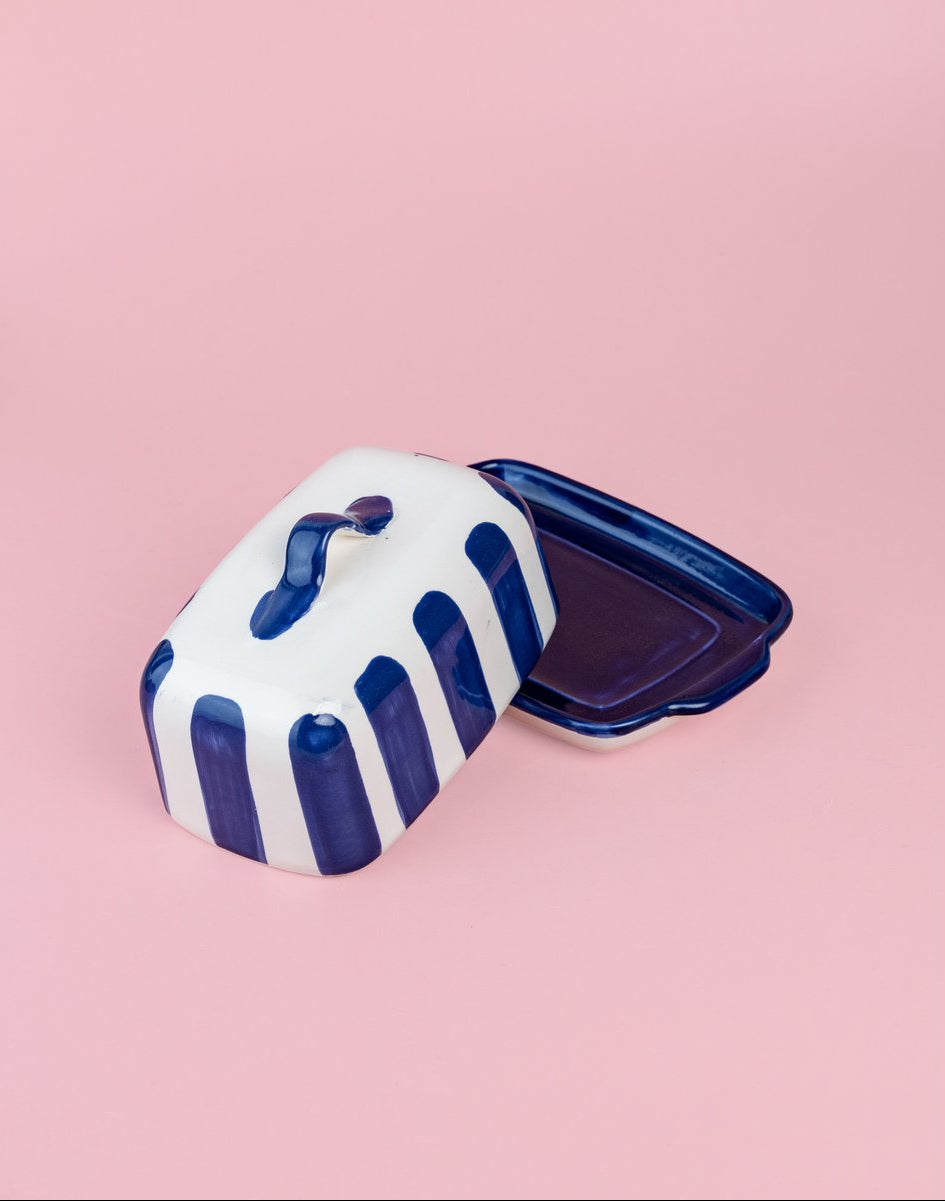 Botervloot Costa Azul handgedecoreerd | Wit / Blauw