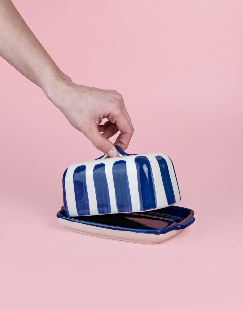Botervloot Costa Azul handgedecoreerd | Wit / Blauw