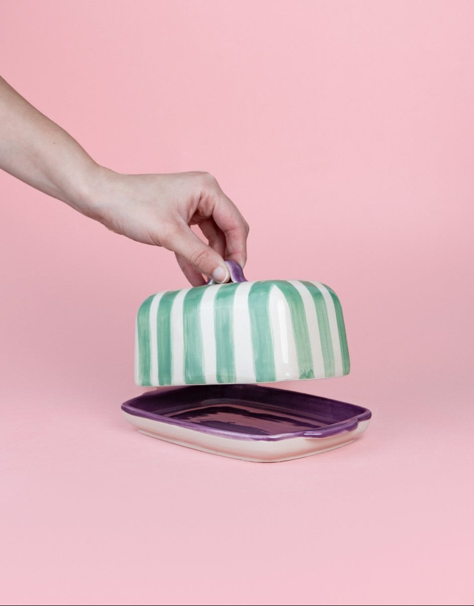 Botervloot Esmeralda handgedecoreerd | Groen / Paars / Wit