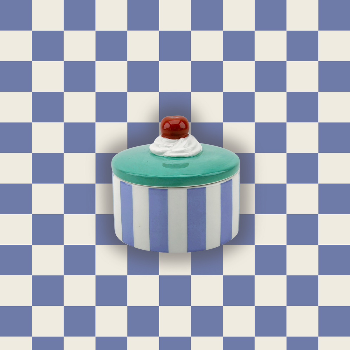 Opbergpotje Taartje Cherry gestreept | 9 ⌀ x 7,5 cm | Blauw / Groen / Wit