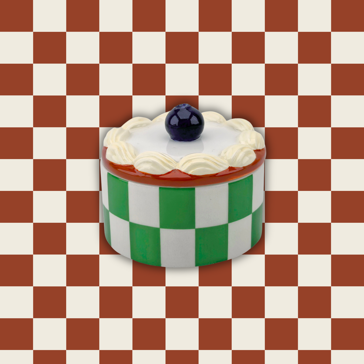 Opbergpotje Taartje Slagroom geblokt | 9 ⌀ x 7,5 cm | Groen / Rood / Wit