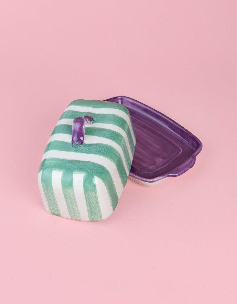 Botervloot Esmeralda handgedecoreerd | Groen / Paars / Wit