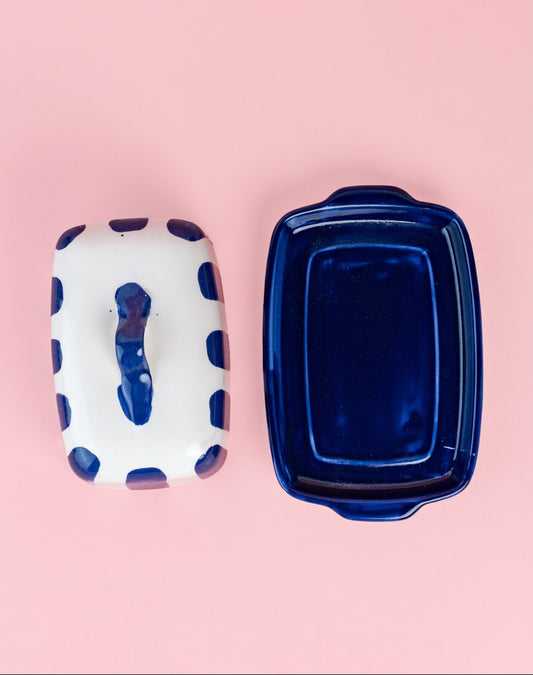 Botervloot Costa Azul handgedecoreerd | Wit / Blauw