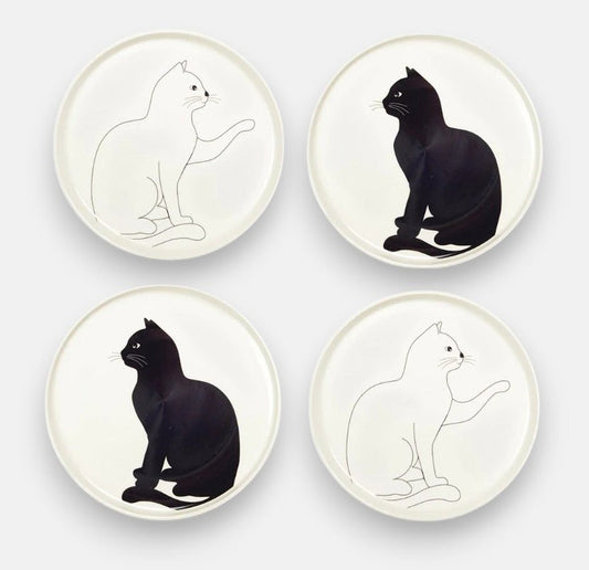 4-delige set ontbijtborden met katten opdruk porselein zwart wit