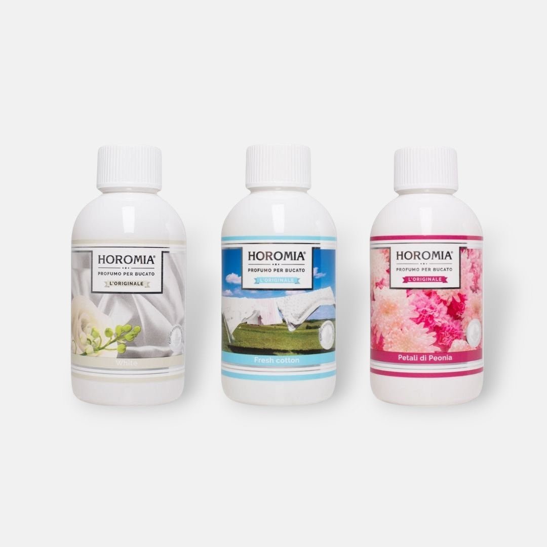 Wasparfums Horomia luxe langdurige wasgeur met de bestseller geuren Fresh Cotton, White of L'originale en Petali di Peonia