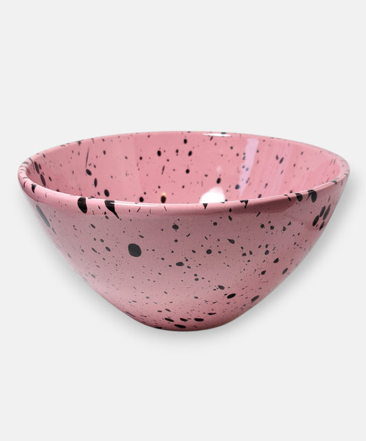 Tierra Cocida grote salade schaal keramiek 21cm roze basis met zwarte glazuurspetters