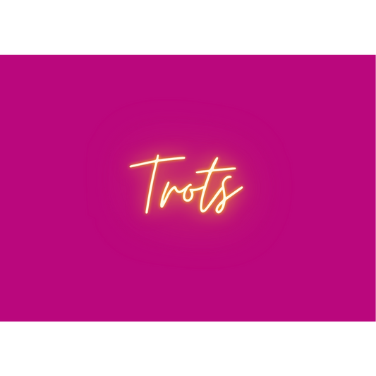 Wenskaart a6 formaat met fuchsia achtergrond en het woord Trots in neon-letters