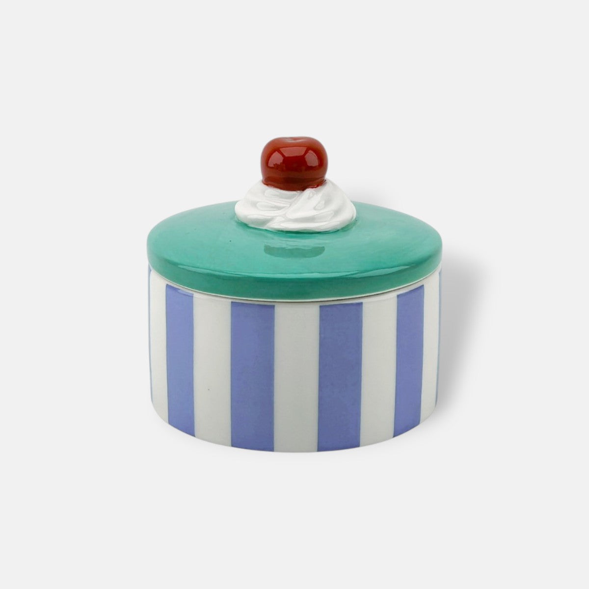 Opbergpotje Taartje Cherry gestreept | 9 ⌀ x 7,5 cm | Blauw / Groen / Wit